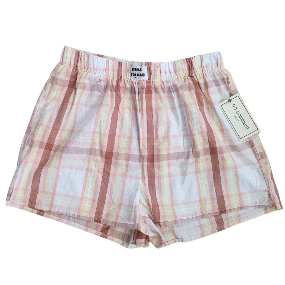 NWT No Comment NY-LA Plaid Boxer Shorts Pink Yellow - Size Medium